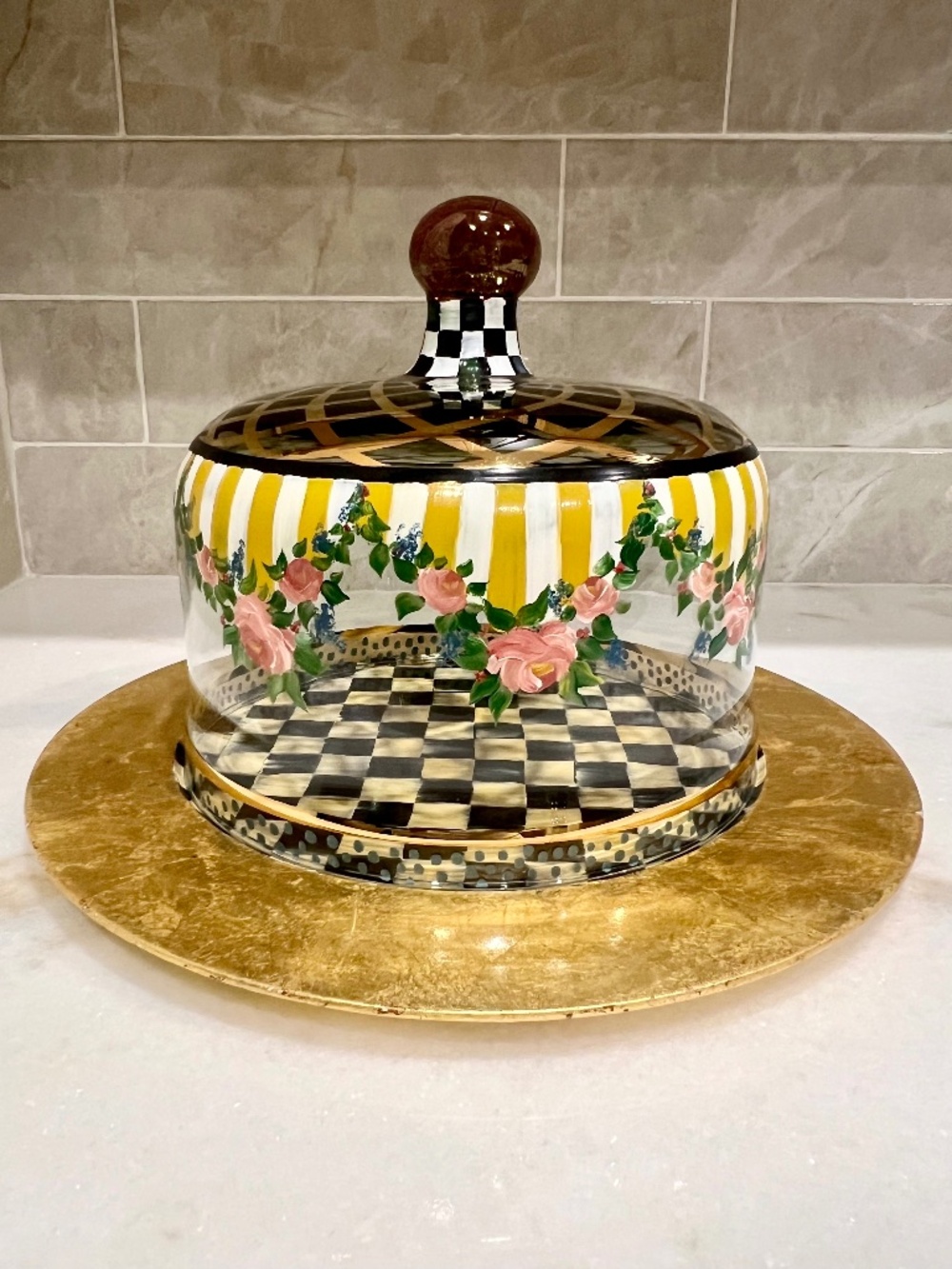 🎀 Large Mackenzie-Childs Courtly Check Glass Cake Dome & Wood Underplate 🎀